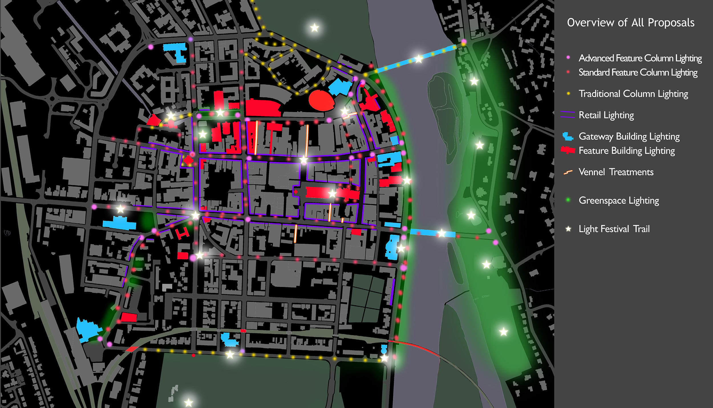 A comprehensive plan for enhancing key streets, feature buildings and and green spaces was conceived following rigorous surveys and planning.