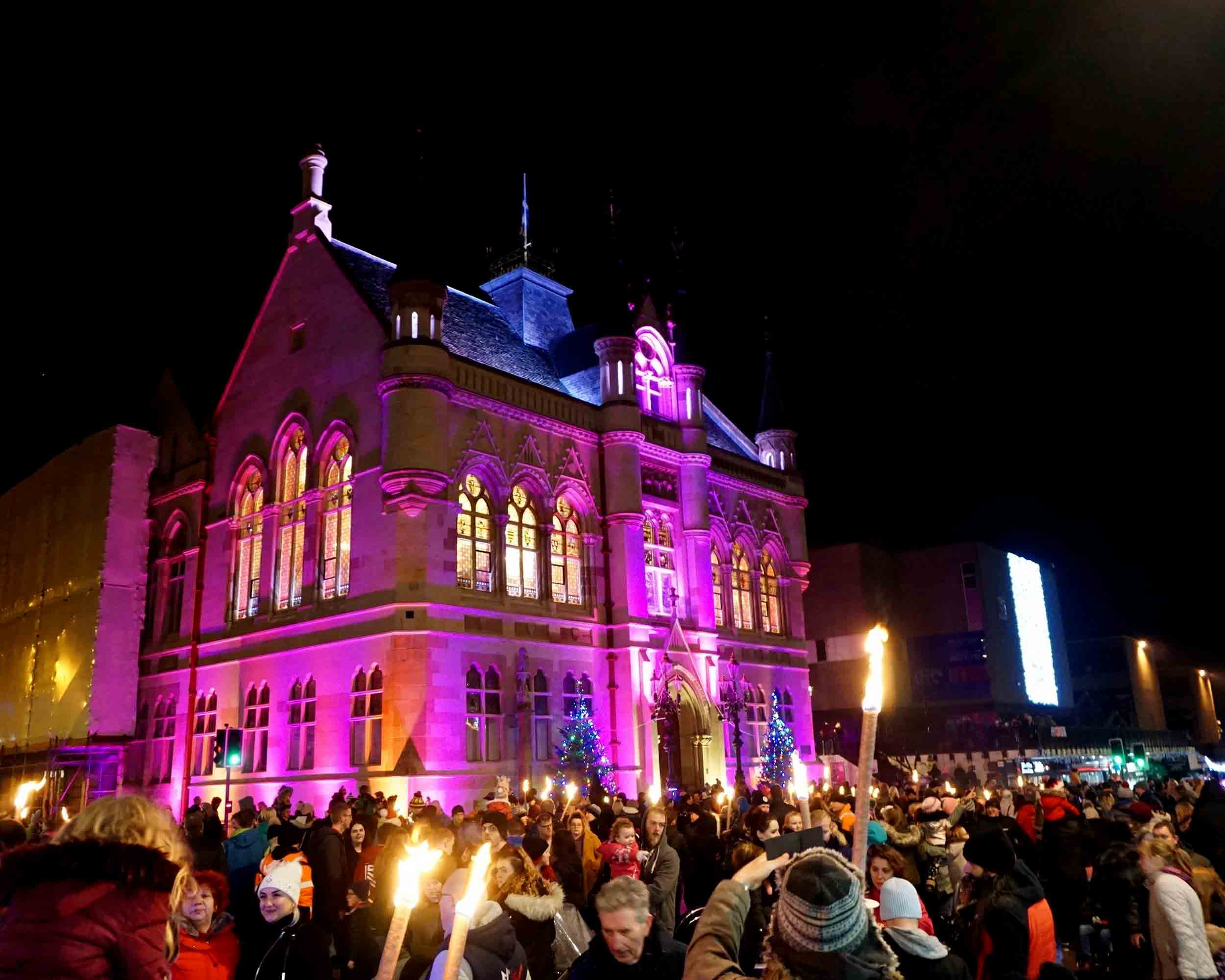 The switch-on event had a great turn-out with a piping band and torch-lit procession winding down the High Street to culminate in a count-down and grand-unveiling of the lighting scheme.