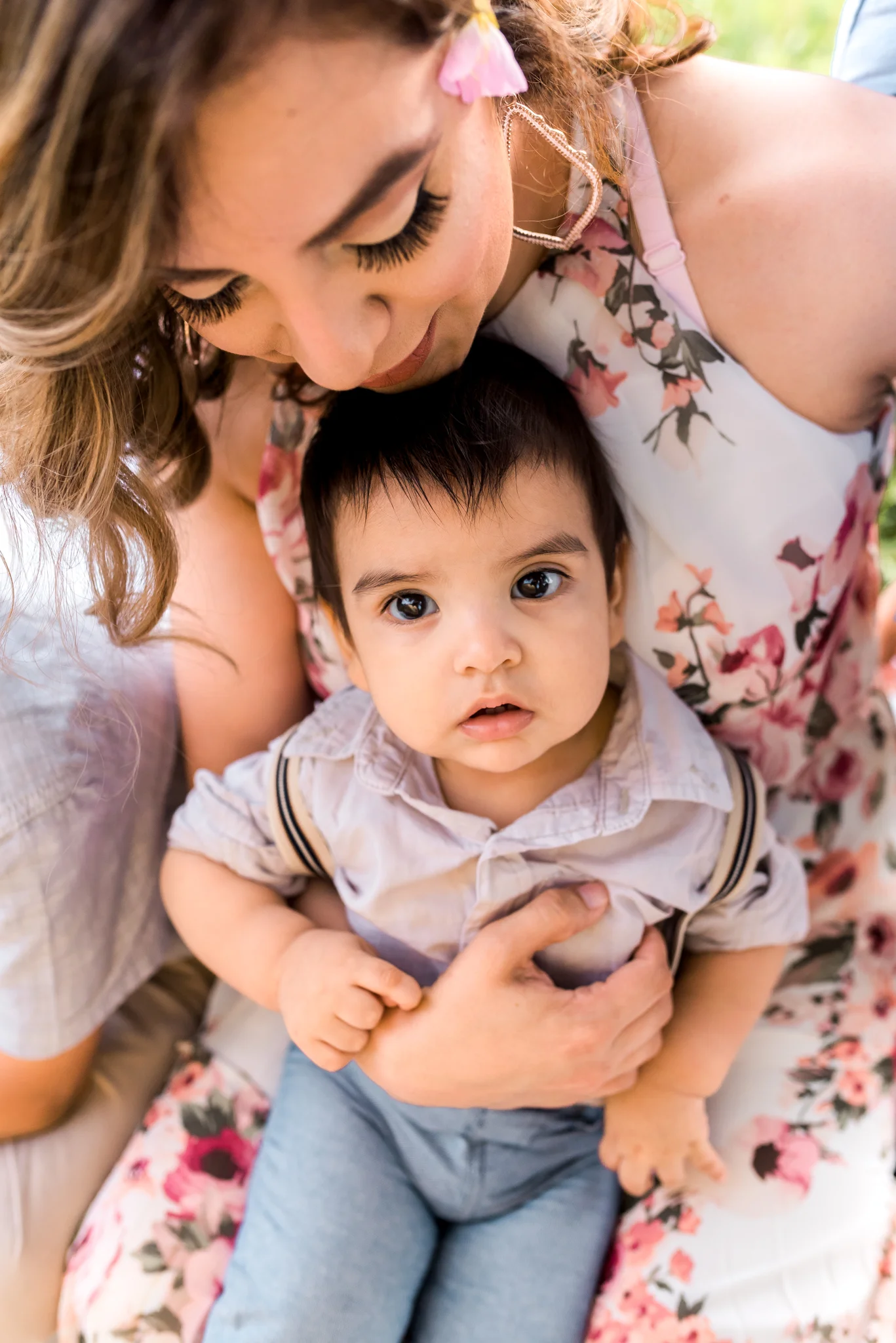 Outdoor Houston Family Photo Session with Golden Light, Mossy Trees, and Summer Sunlight.