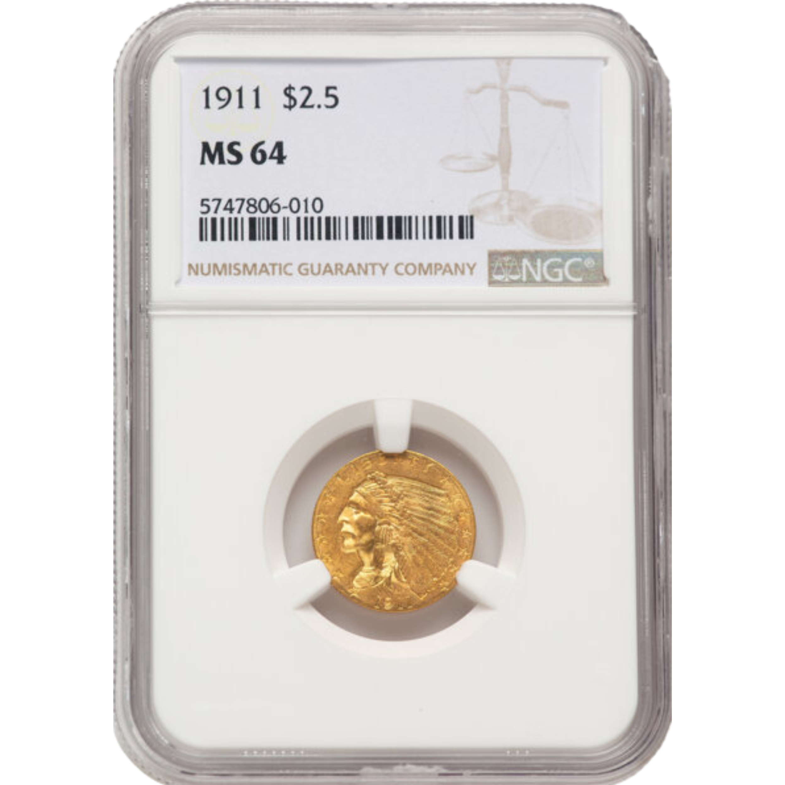 1911 $2.5 Gold Indian MS-64 NGC