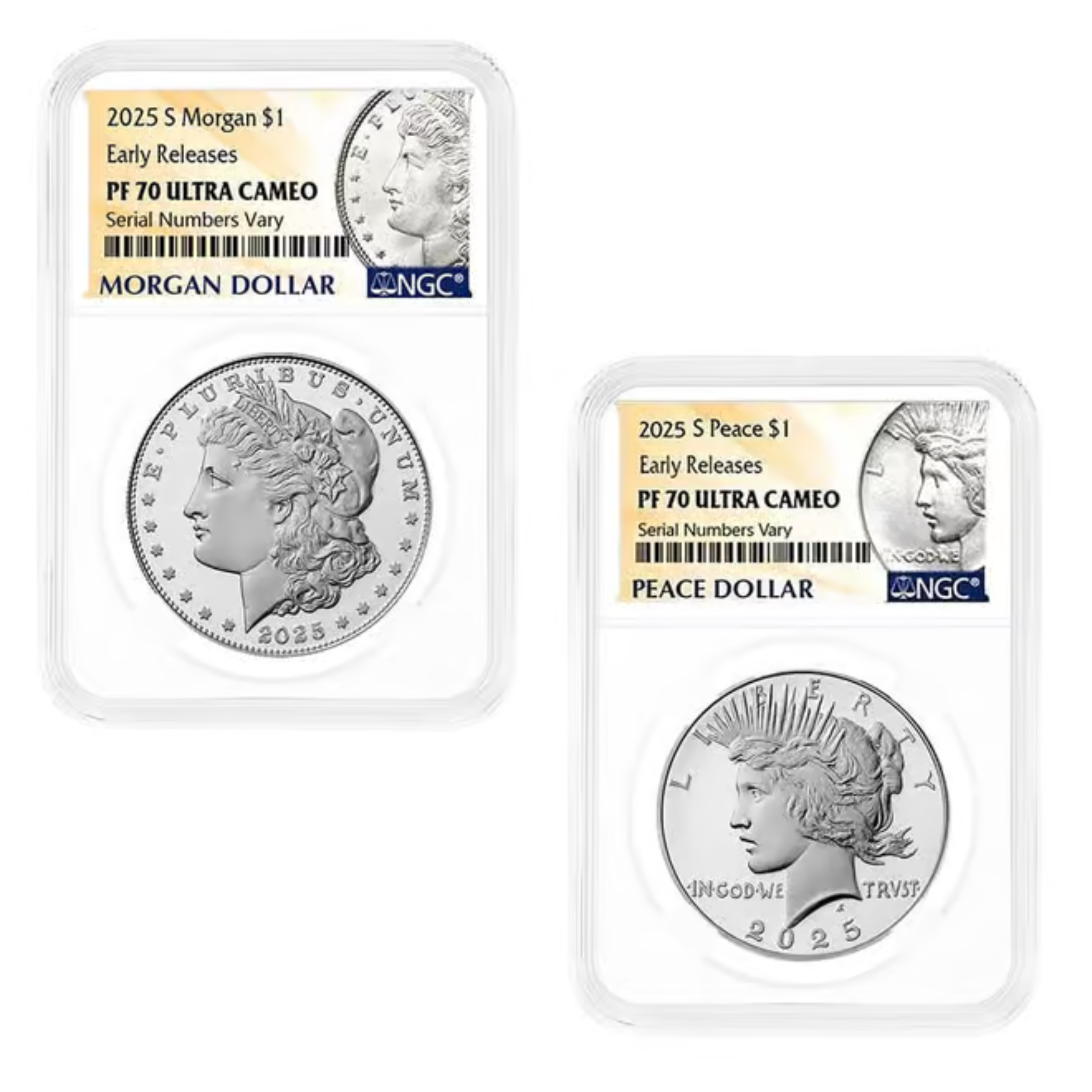2025 Morgan & Peace Silver Dollars 2 Coin Set Early Releases Ultra Cameo PF70 NGC