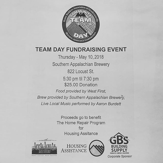 Join us at southern app next Thursday for the annual TEAM day fundraiser hosted by HTHBA and sponsored by GBS building supply.