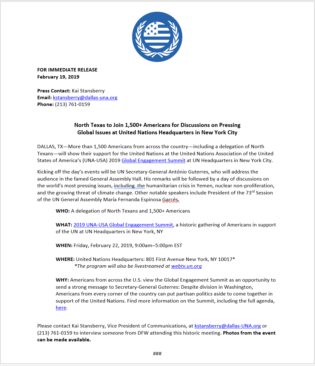 Press Release: North Texans to Discuss Global Issues at Historic UN Headquarters Event in NYC