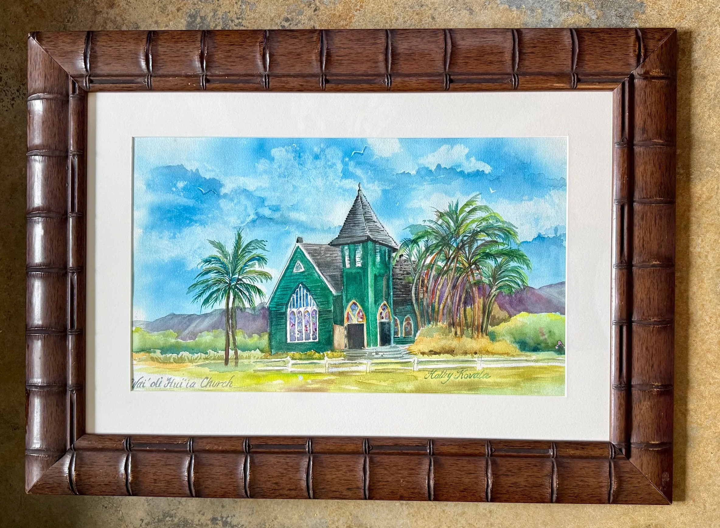 Wai`oli Hui`ia Church (The Green Church) - Framed Large Original Watercolor