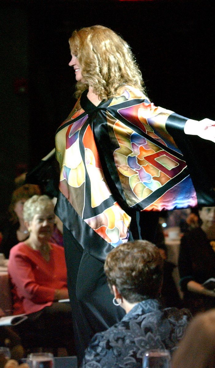 "PONCHO IN BRONZE" Dyes on satin silk "Bronze Poncho" was modeled and exhibited in the Uncommon Threads Fashion Runway and Boutique Show of 2007.