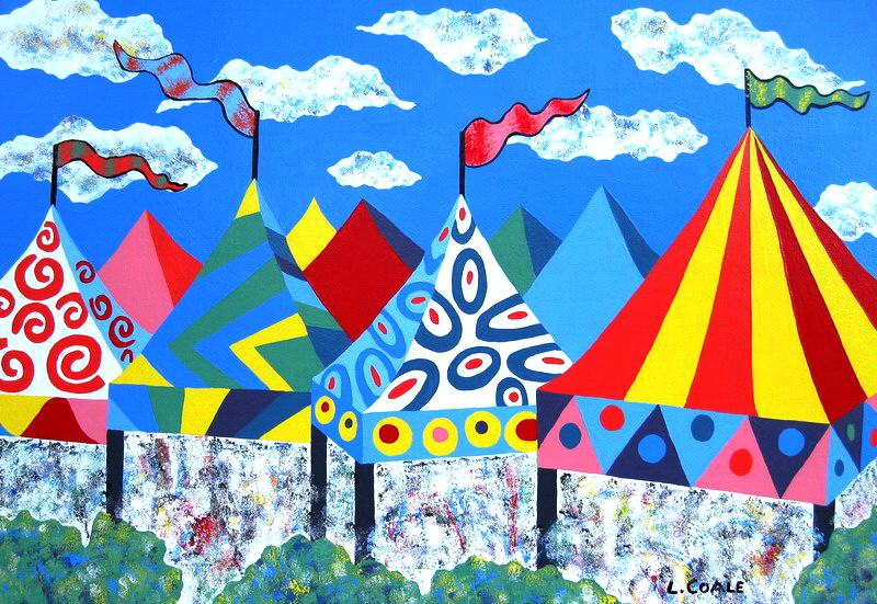 "TENTS" Highland Park,IL--2010 Enamel on board, 33" x 48" "TENTS" was designed and created for the summer season of art, music and street festivals. It was installed in Port Clinton Square/downtown Highland Park, IL.