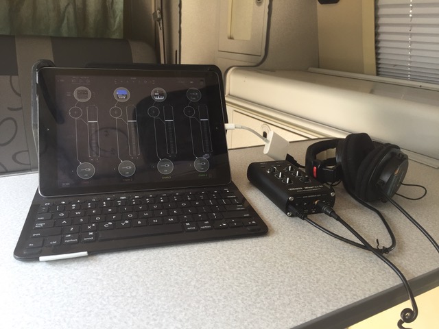 CEntrance MixerFace R4 self-powered interface with Kymatica AUM (and my indestructible MDR-7506 headphones)
