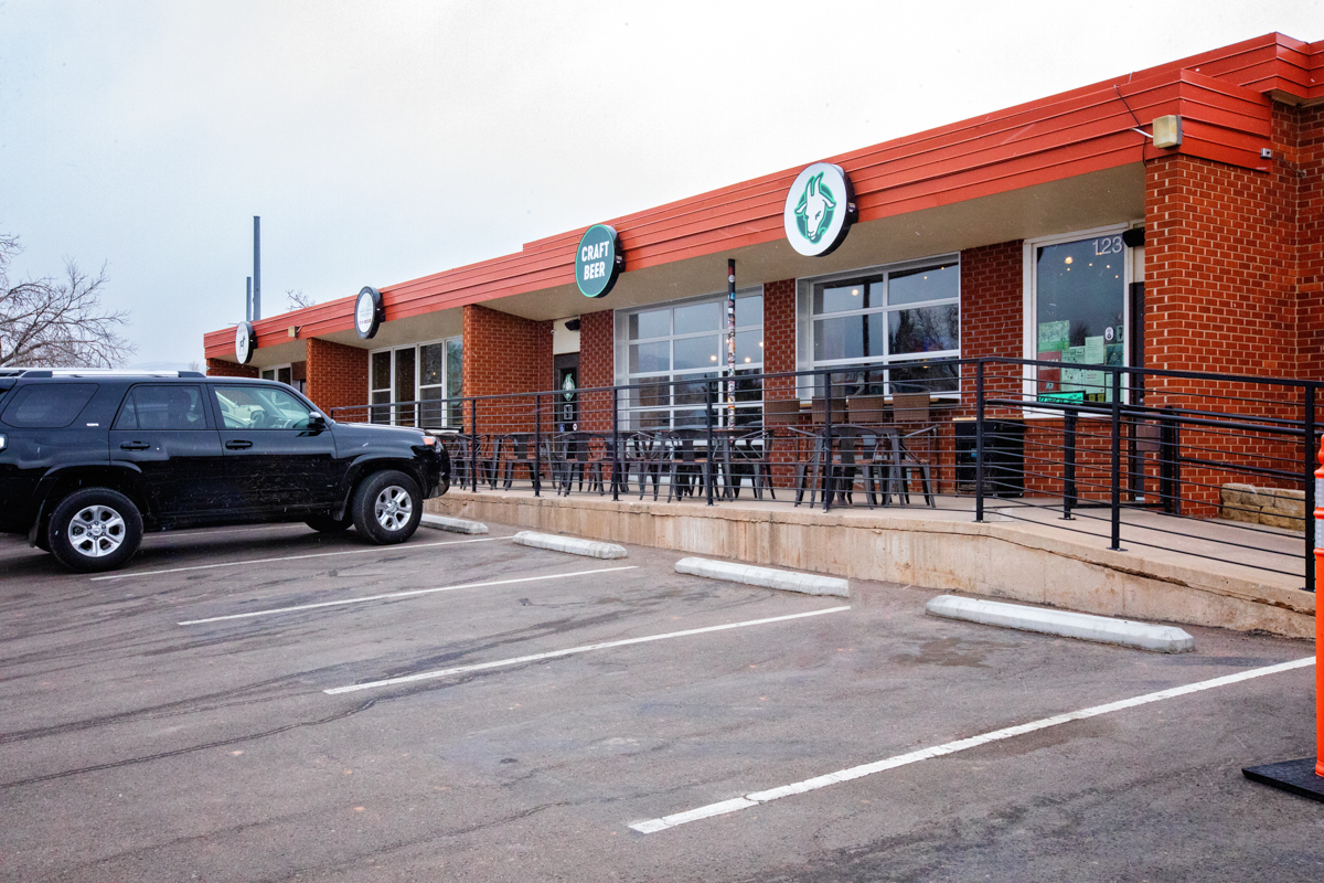 The front entrance to Goat Patch Brewing Company in Colorado Springs, Colorado