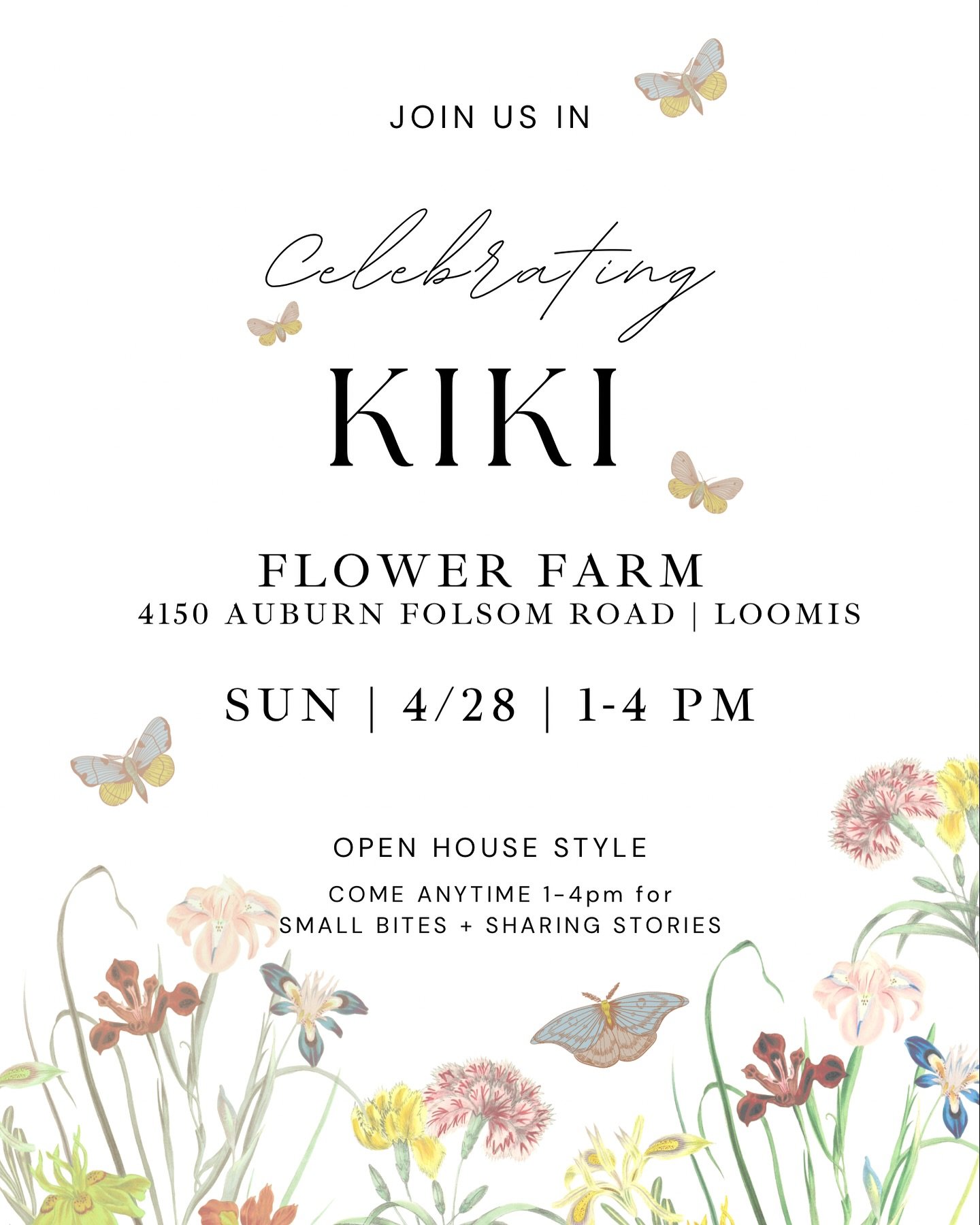 A reminder for Kiki&rsquo;s celebration 🦋 thank you for all the love and support these past few weeks. 

Limited parking so carpool is recommended. Come anytime between 1-4pm for a little bit of Kiki&rsquo;s vibes 💫