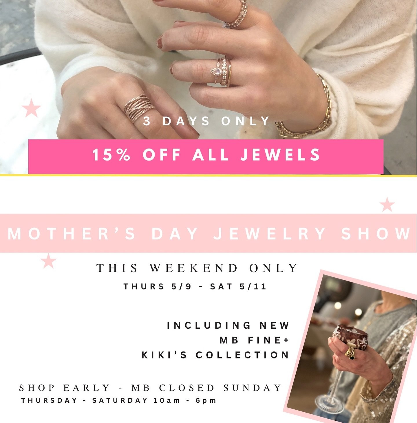 MB 💛 moms + moms 💛 jewels 

✨15% off ALL JEWELRY ✨
This Thursday - Saturday 
including our newest #MBFine + Kiki&rsquo;s collection