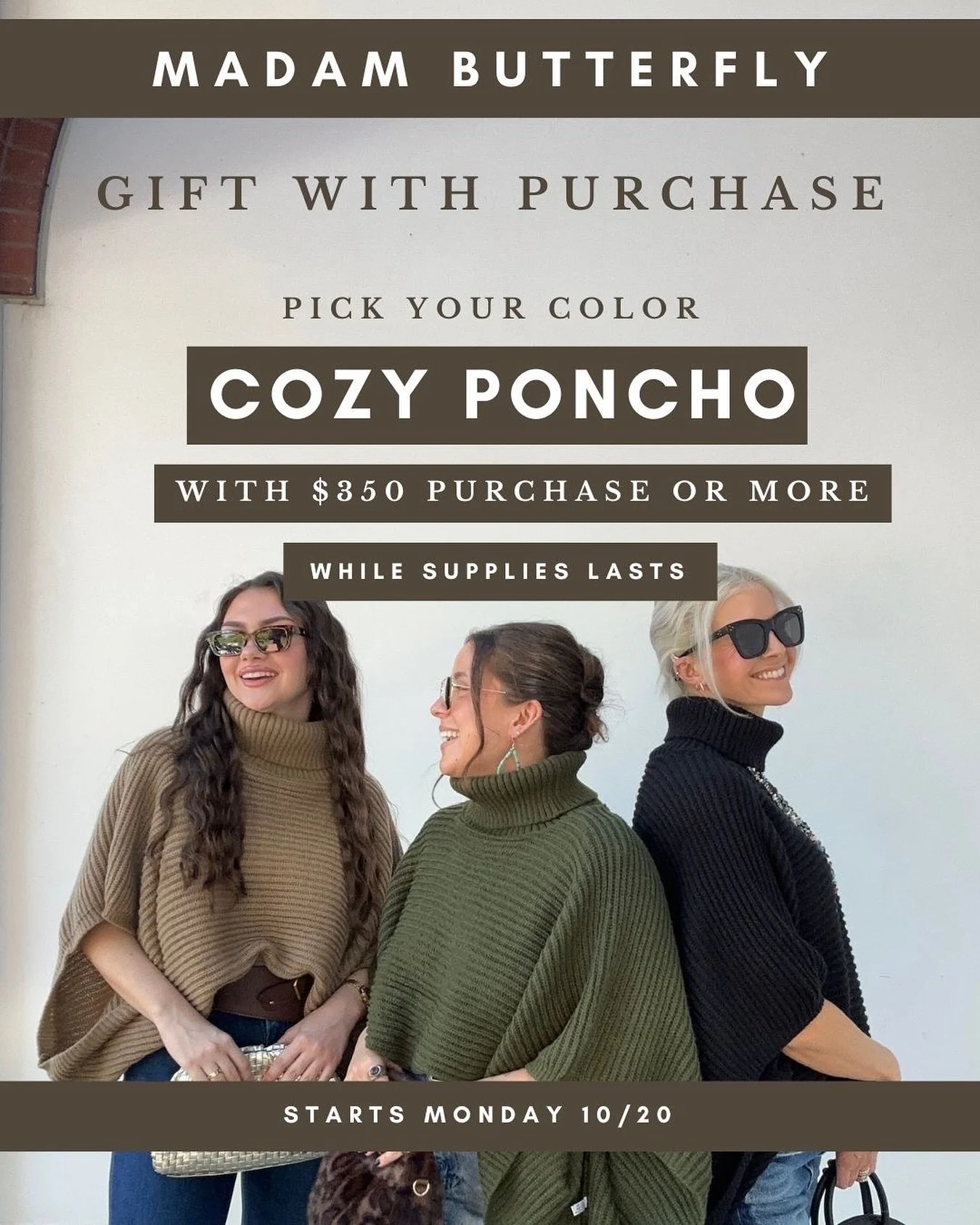 ✨ Gift With Purchase ✨
Shop this week and receive a complimentary poncho with purchase this week. Pick your fav color