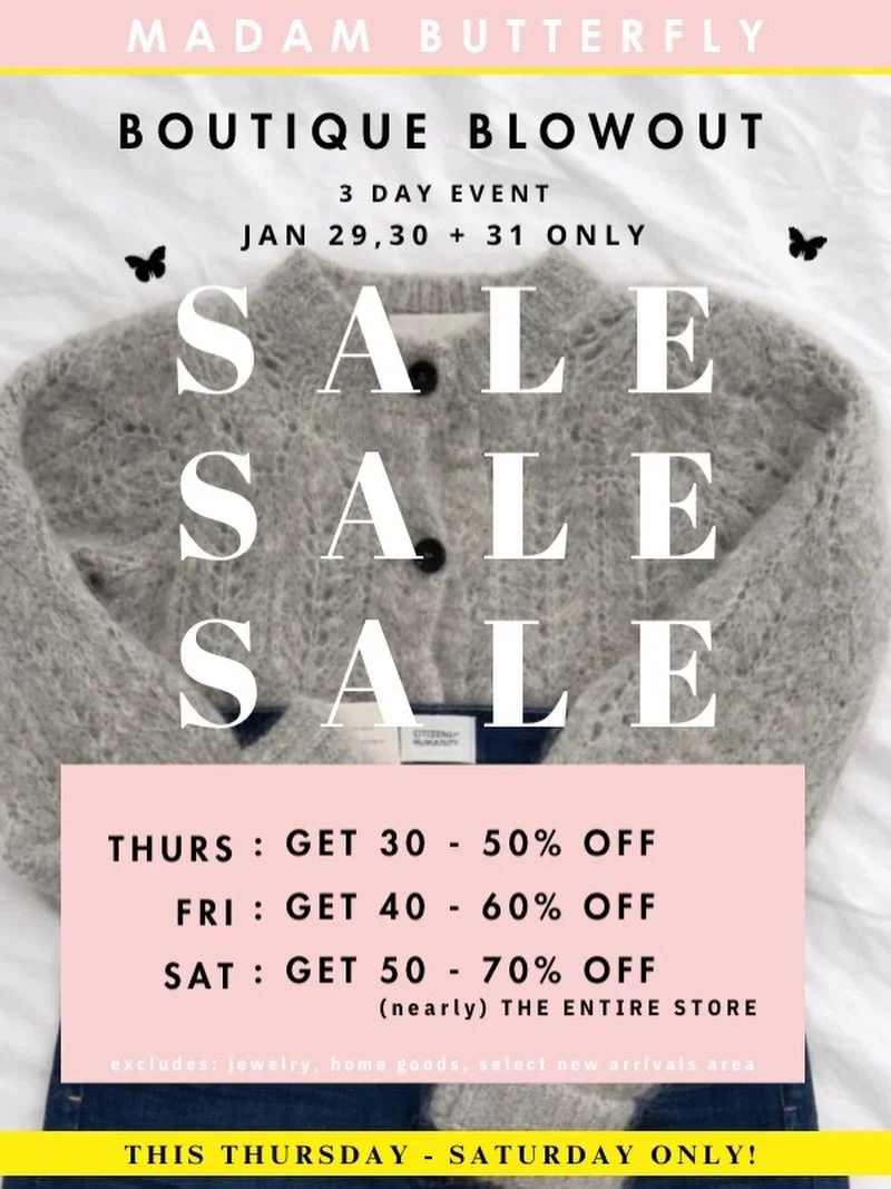 Spring cleaning in MB 🦋 you&rsquo;ve been asking and BLOUTIQUE BLOWOUT starts tomorrow!
Thursday : 30-50% OFF
Friday : 40-60% OFF
Saturday : 50-70% OFF whatever&rsquo;s left
Sunday : closed + back to regular price