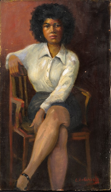 Seated Woman Oil on canvas 24x14 inches c. 1940 Signed and includes artist's business card on verso with Brooklyn, NY address Photo credit: John Wilson White Studio