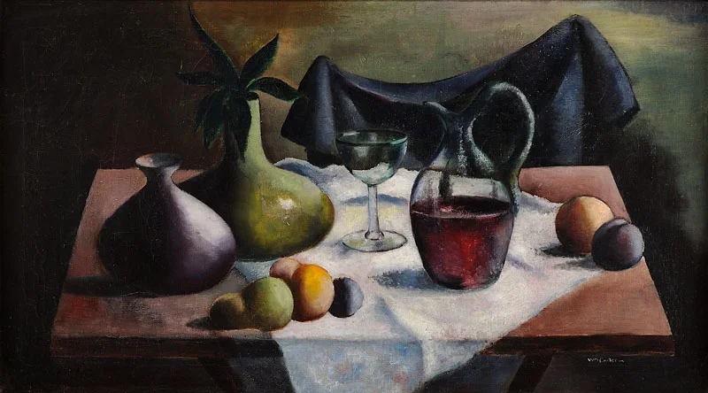 Still Life with Purple Plum Oil on canvas 18x32 inches Year unknown Signed Photo credit: John Wilson White Studio