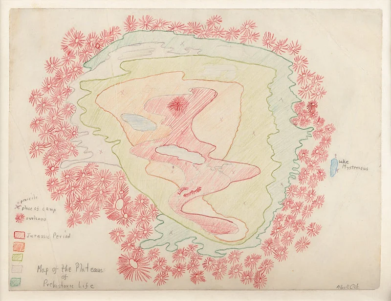 Map of the Plateaus of Prehistoric Life Colored pencil drawing on cardboard 8 1/2 x11 inches c. 1990 Signed Photo credit: John Wilson White Studio