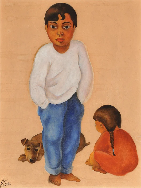 Mexican Girl and Boy with Dog Mixed media with watercolor and crayon 12x9 inches c. 1950 Signed Photo credit: John Wilson White Studio