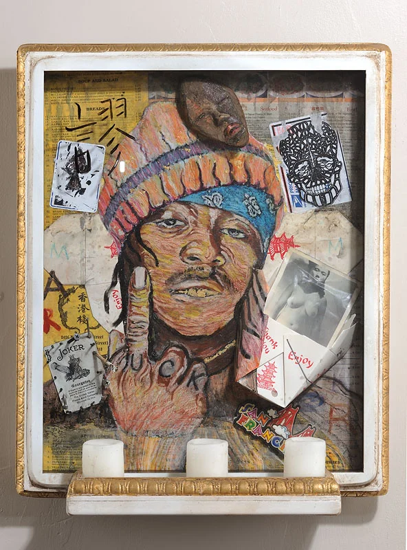Falsehood, The Last Patron Saint of the Bayview Mixed media assemblage 22 1/2x18x6 1/2 inches Year unknown Signed Photo credit: John Wilson White Studio