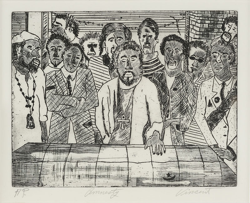 Amnesty Etching 7x9 inches Year unknown Signed Photo credit: John Wilson White Studio