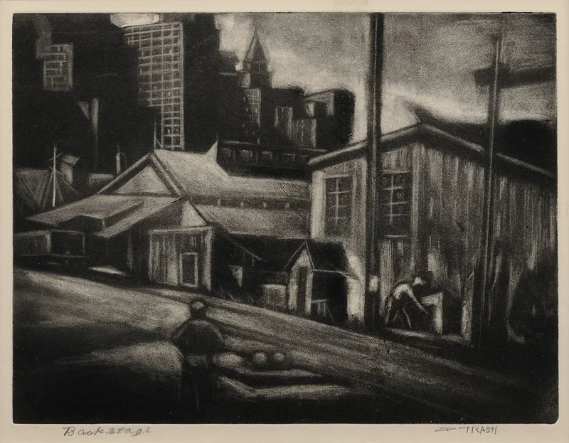 Back Stage Carborundum mezzotint 7 1/2x9 1/2 inches c. 1942 Signed and titled Photo credit: John Wilson White Studio