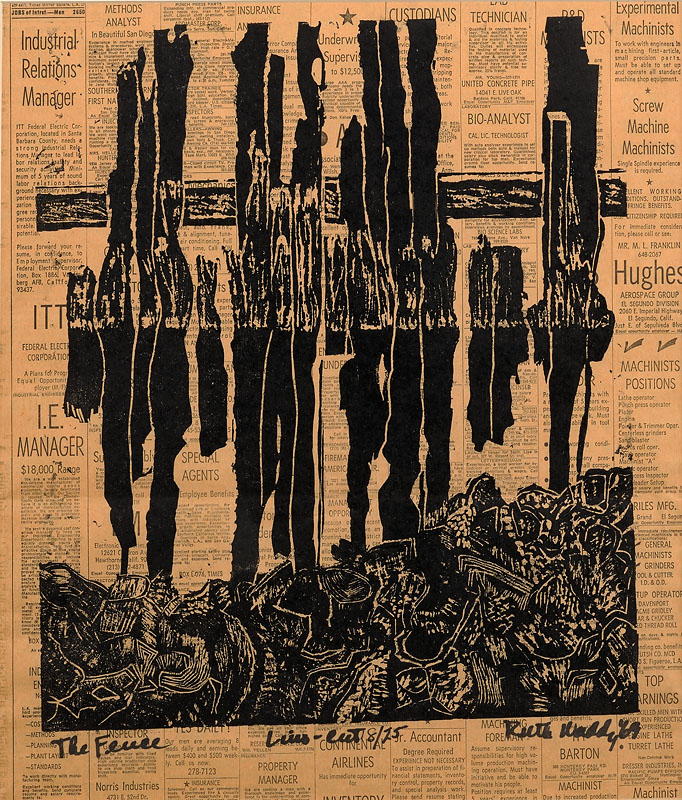 The Fence Linocut on newspaper 16 1/2x14 inches 1969 Signed, titled and numbered Photo credit: John Wilson White Studio