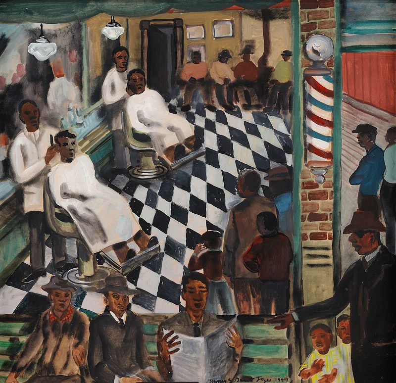 Barber Shop Watercolor and gouache on board 20x21 inches 1947 Signed and dated Photo credit: John Wilson White Studio