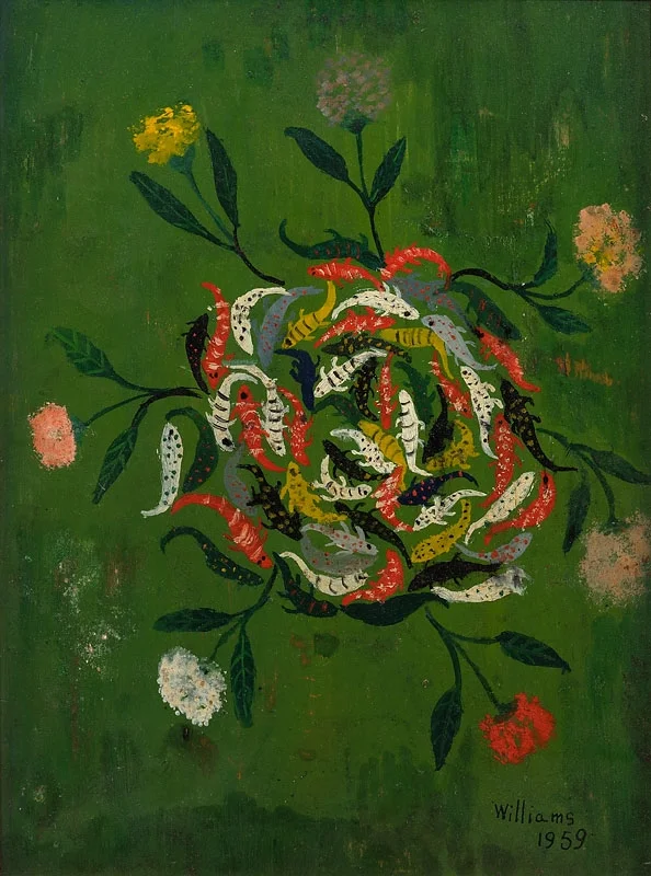 Carp and Flowers Oil on board 15x12 inches c. 1959 Signed and dated Photo credit: John Wilson White Studio