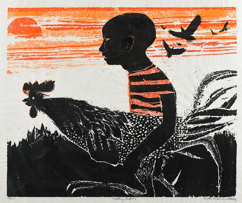 Fighting Cock #3 Woodcut on cotton batting 24x29 inches Year: 1964 Signed, dated, and numbered 81/200 Photo credit: John Wilson White Studio