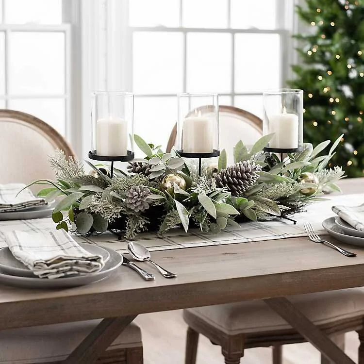 Eucalyptus, Pine Cones, and Ornaments Centerpiece