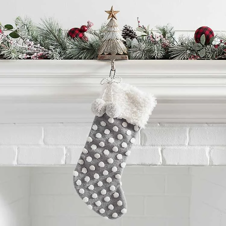 Gray Pom Pom and Polka Dot Christmas Stocking