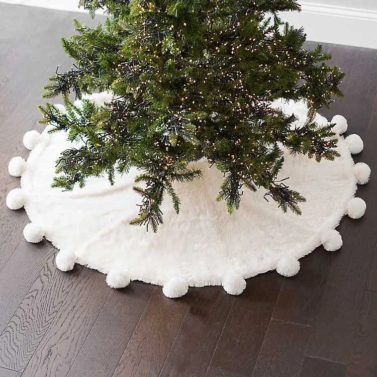 Faux Fur Christmas Tree Skirt With Pom Poms