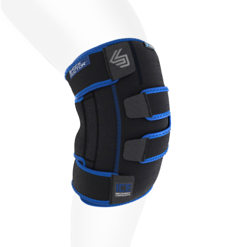 Features & Benefits The ICE Recovery Compression Knee Wrap is a new revolutionary icing solution for knee sprains, sore knees after running, knee tendonitis, ACL/MCL, or other knee injuries. The wrap fully surrounds the joint and works like professional icing, while being easy to use and less messy than bags of ice. The penetrating cold helps reduce swelling and pain by extracting heat from the knee through gentle compression and deep 360 degree ice coverage. This cools the knee faster and helps speed the body’s natural ability to heal. Ideal for runners knee, knee tendonitis and other knee injuries Great for general soreness after workouts, practice or competition Anatomical design for full coverage and comfort Dual therapy for cold and heat Small/Med includes 3 Gel Packs; LG/XL includes 4 Gel Packs Product includes the exclusive reusable Shock Doctor RE+ cooler bag. This bag keeps the ice wrap cool while away from home and is great for on-the-go cooling. LATEX FREE TECHNOLOGY FEATURES ANATOMICALLY DESIGNED WRAP for complete 360 degree coverage & comfort DUAL HEAT / COLD THERAPY Compression wrap fully surrounds the knee, while the gel packs can be heated or frozen for the desired therapy. ADJUSTABLE STRAPS WITH Z-GRIPTM CLOSURES ice wrap provides customized fit, preferred compression and keeps wrap in place for convenient easy use EASY ACCESS GEL PACK POCKETS allows you to easily insert and remove gel packs PREMIUM N-TEXTM NEOPRENE for comfort and durability