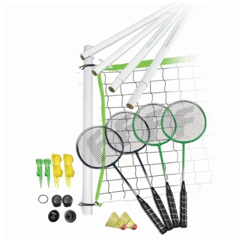 FEATURES Franklin's Intermediate Badminton equipment is easy to set up wherever you are - the lake, a neighborhood park or your backyard. Badminton is a fun outdoor game played between two people or teams of two. Franklin's Intermediate Badminton set is perfect for family parties - organize a tournament and you'll enjoy all day family fun. The set also includes a carrying bag making it easy to keep all the net hardware organized and secure when not in use. Poles: 1.25” diameter octagon, virgin PVC with 60” assembled height and scoring system Net: 20’ x 1.5’ x 1.5” Rackets: 4 metallic “Tightstring” stringing, “soft-touch” padded grip, tempered steel shaft Racket String: Hy-sheep Shuttlecocks: (2) A-grade shuttlecocks Tape: 3 sided tape construction Stakes: (6) ground stakes Traditional carry bag DOWNLOAD INSTRUCTION MANUAL