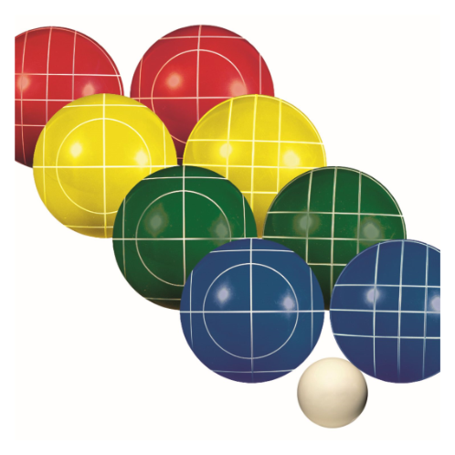 FEATURES Step your bocce ball game up to the next level with Franklin's Advanced Bocce Ball Set and challenge friends and family in a game between two players or with teams of two, three or four. Bocce ball is an easy game to teach and learn. The objective is to throw the bigger bocce balls closest to the smaller scoring jack. The advanced set includes eight all-weather molded bocce balls, one scoring jack and a deluxe carrying case so you can keep all the balls organized neatly when not in use. DOWNLOAD INSTRUCTION MANUAL Balls: (8) 100mm all-weather resin bocce balls, (2) red, (2) yellow, (2) green, and (2) blue Pallino: (1) 40mm (scoring jack) Package: Deluxe carry bag with shoulder strap Includes game rules & court layout instructions Ages 8+