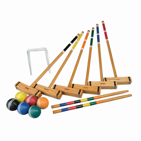 FEATURES Franklin's Classic Croquet Set is the perfect addition to any backyard. Ideal for family parties, company cookouts or just a great way to enjoy a sunny afternoon outside with your friends, this classic croquet set comes with everything you need to play. The set includes six all-weather molded balls, six wooden mallets with custom knurled heads, two painted wood stakes, nine all-weather coated wickets and a deluxe carrying bag to keep all the parts neatly organized and compactly stored when not in use. DOWNLOAD INSTRUCTION MANUAL Balls: (6) 3.31” all-weather molded balls Mallets: (6) 9" x 2” wood mallet heads, (6) 29.5" natural wood shafts Stakes: (2) 24” painted wood stakes Wickets: (9) all weather coated bent wire wickets Package: Deluxe carry bag Includes game rules & court layout instructions Ages 8+