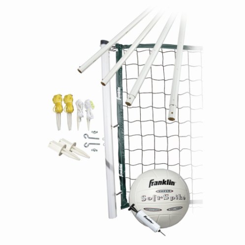 FEATURES Franklin's Classic Volleyball Equipment is the perfect complement to a beautiful sunny day. Set up this classic volleyball net at the lake, in your backyard or bring it along to a family picnic or company barbecue. A friendly game of volleyball is a great way to bond with co-workers or enjoy a relaxing day with family and friends. This classic outdoor volleyball set comes with everything you need to play including a deluxe carrying bag for compact storage. DOWNLOAD INSTRUCTION MANUAL Volleyball: Official size and weight performance SOFT SPIKE® volleyball with inflation pump Poles: 1.75” diameter telescoping octagon virgin PVC poles with scoring system. 3 playing heights (96", 86", 78") Net: Official size 32’ x 32” x 4” with deluxe tarpaulin binding and top net cable for increased net tension and performance Tape: 4 sided tape construction Mounting Hardware: Complete preassembled mounting hardware Innertech net design with added reinforcement to keep net tight! Package: Deluxe carry bag