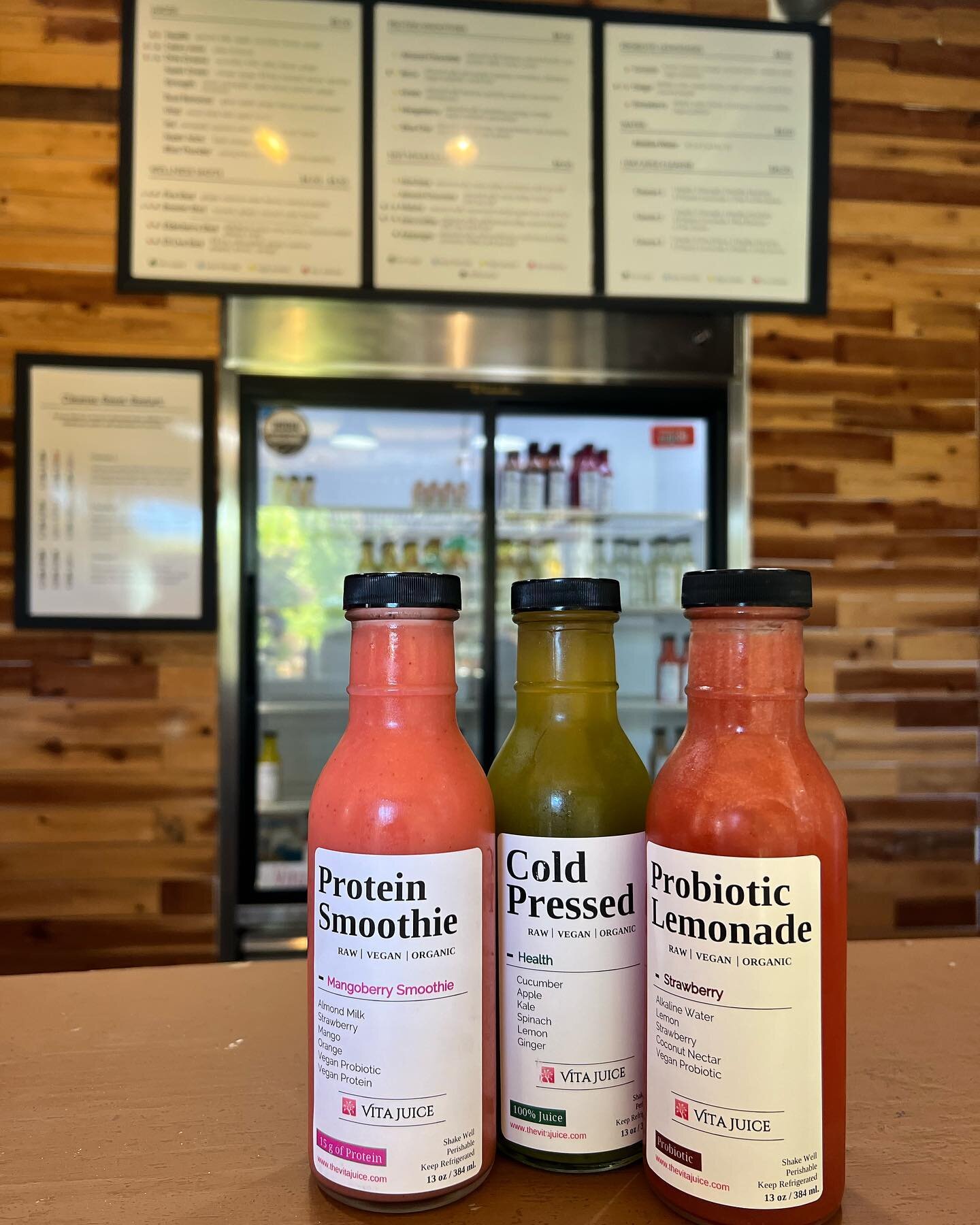 There&rsquo;s nothing better than a cold pressed juice on a hot summer day. Swing by Vita Juice and refresh!
&bull;
Pictured are:
🥭Mangoberry Protein Smoothie
🥒Cold Pressed Health Juice
🍓Probiotic Strawberry Lemonade
&bull;
#juice #vitajuice #thec