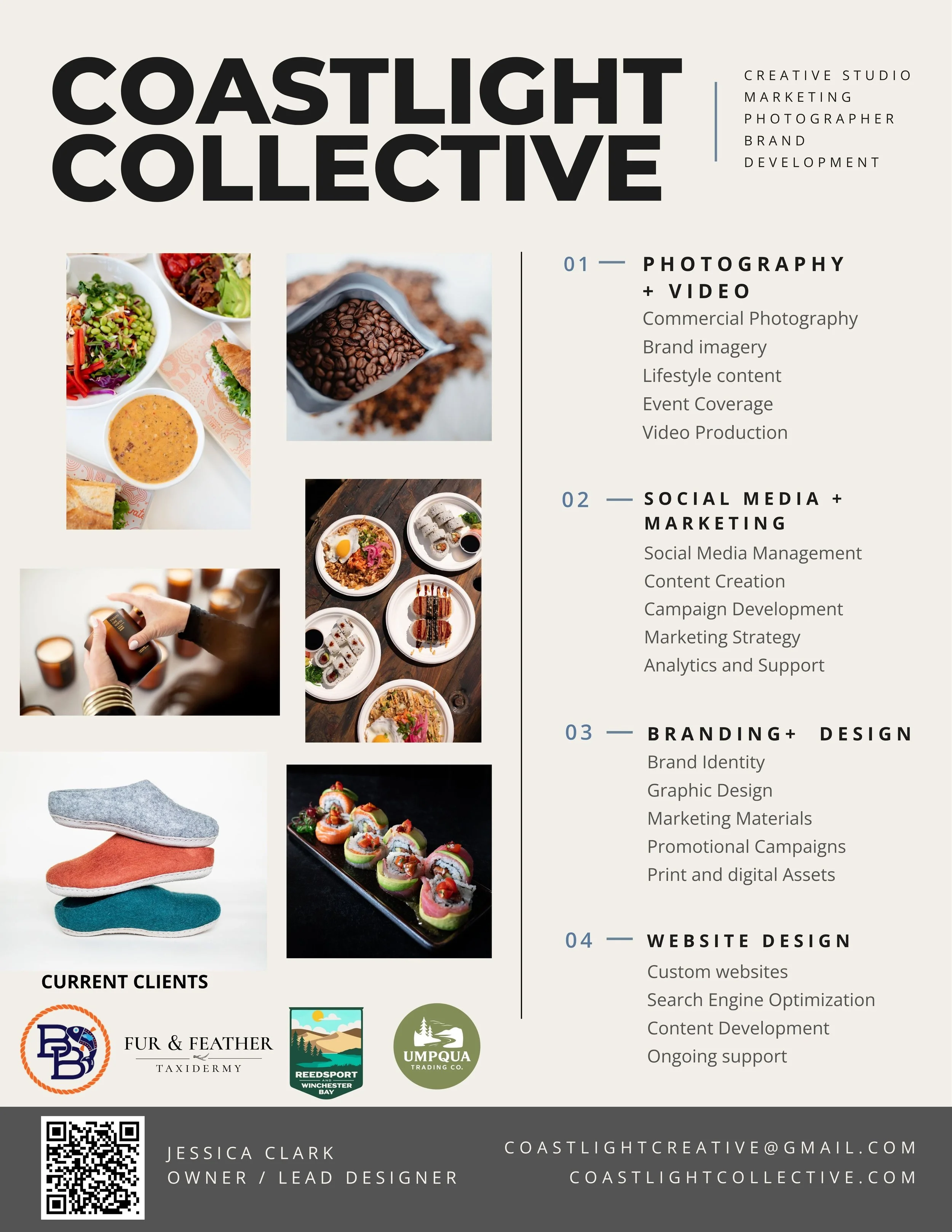 Coastlight Collective creative studio services brochure featuring photography, marketing, branding, website design, food photography, product images, client logos, QR code, and contact information.