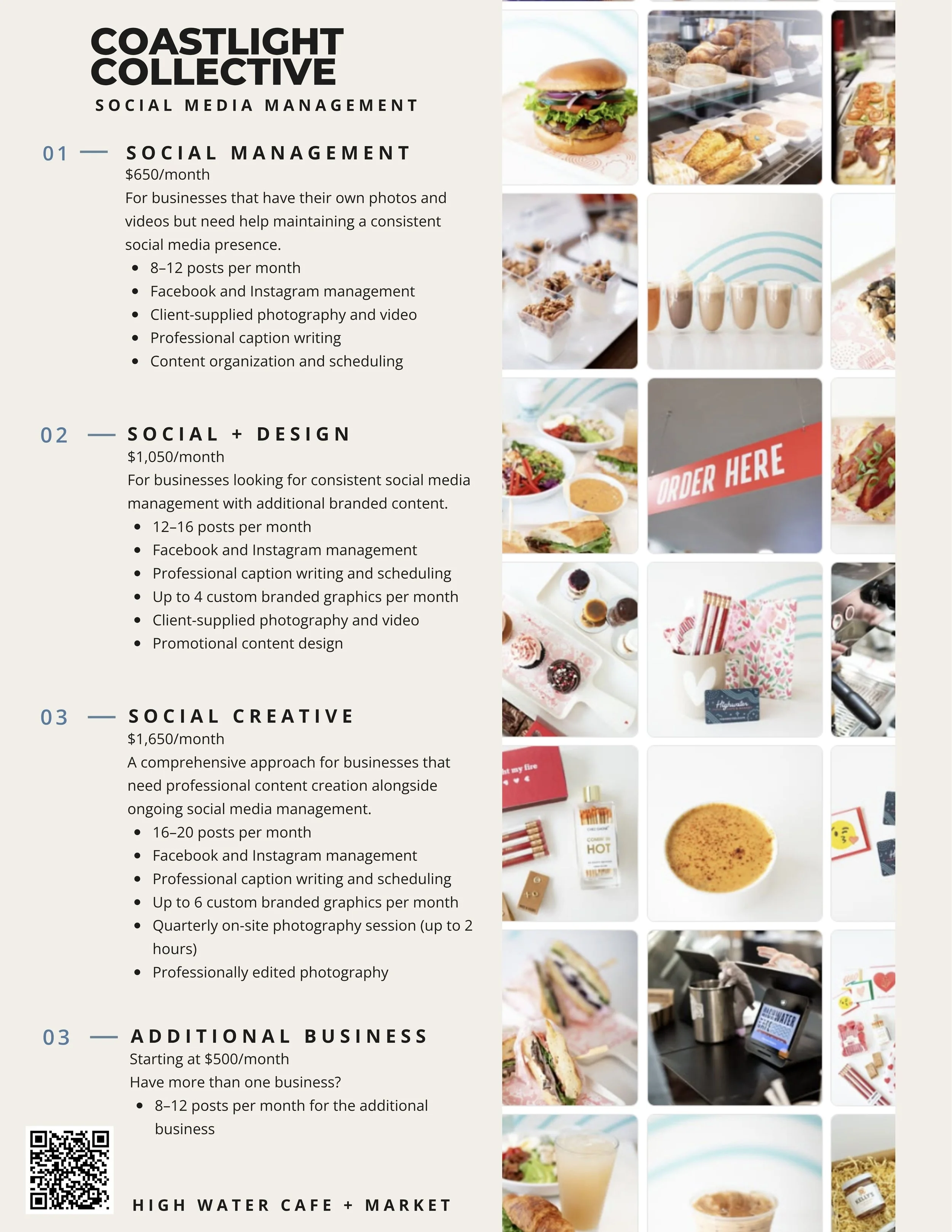 Coastlight Collective social media management services flyer featuring pricing packages, service details, food photography collage, QR code, and High Water Cafe + Market branding.