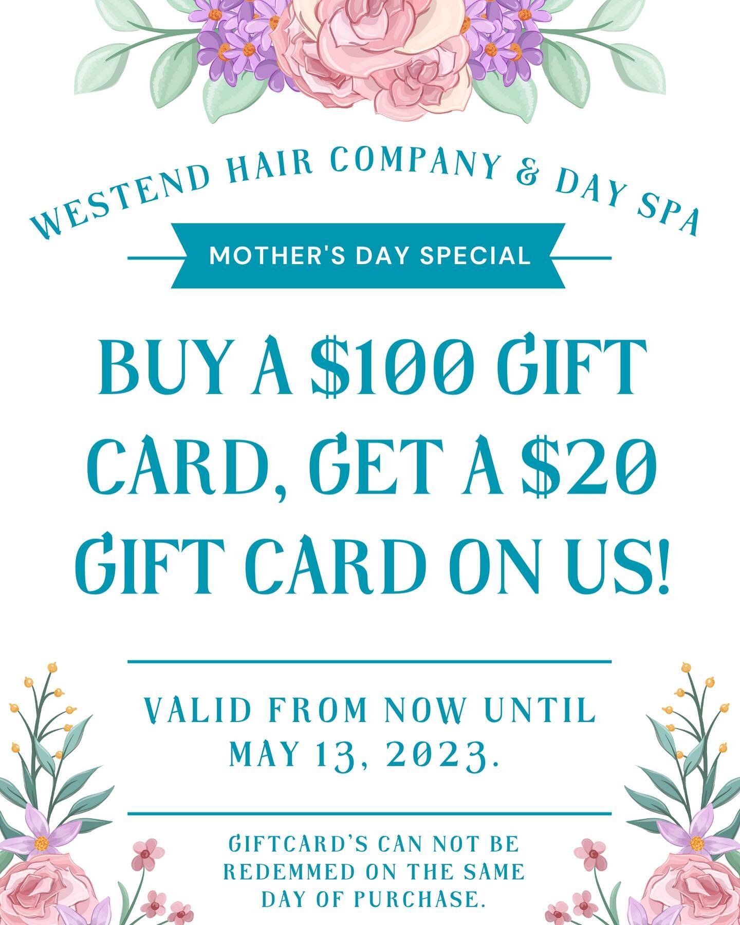 Mother&rsquo;s Day is just around the corner! We&rsquo;ve got you covered with a special for all the lovely mother&rsquo;s out there. 💐💓 

Buy a $100 gift card, and receive a $20 gift card on us! This special is valid now until Saturday, May 13, 20