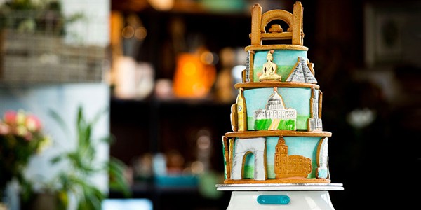 Self Supporting 3 flavoured gingerbread structure of iconic buildings with hand painted edible wafer paper and lights