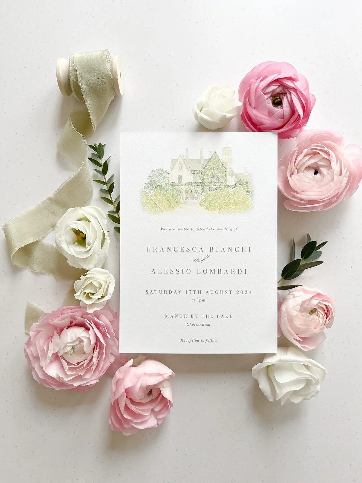 5x7'' wedding invitation with watercolour illustration of Manor by the Lake in the Cotswolds