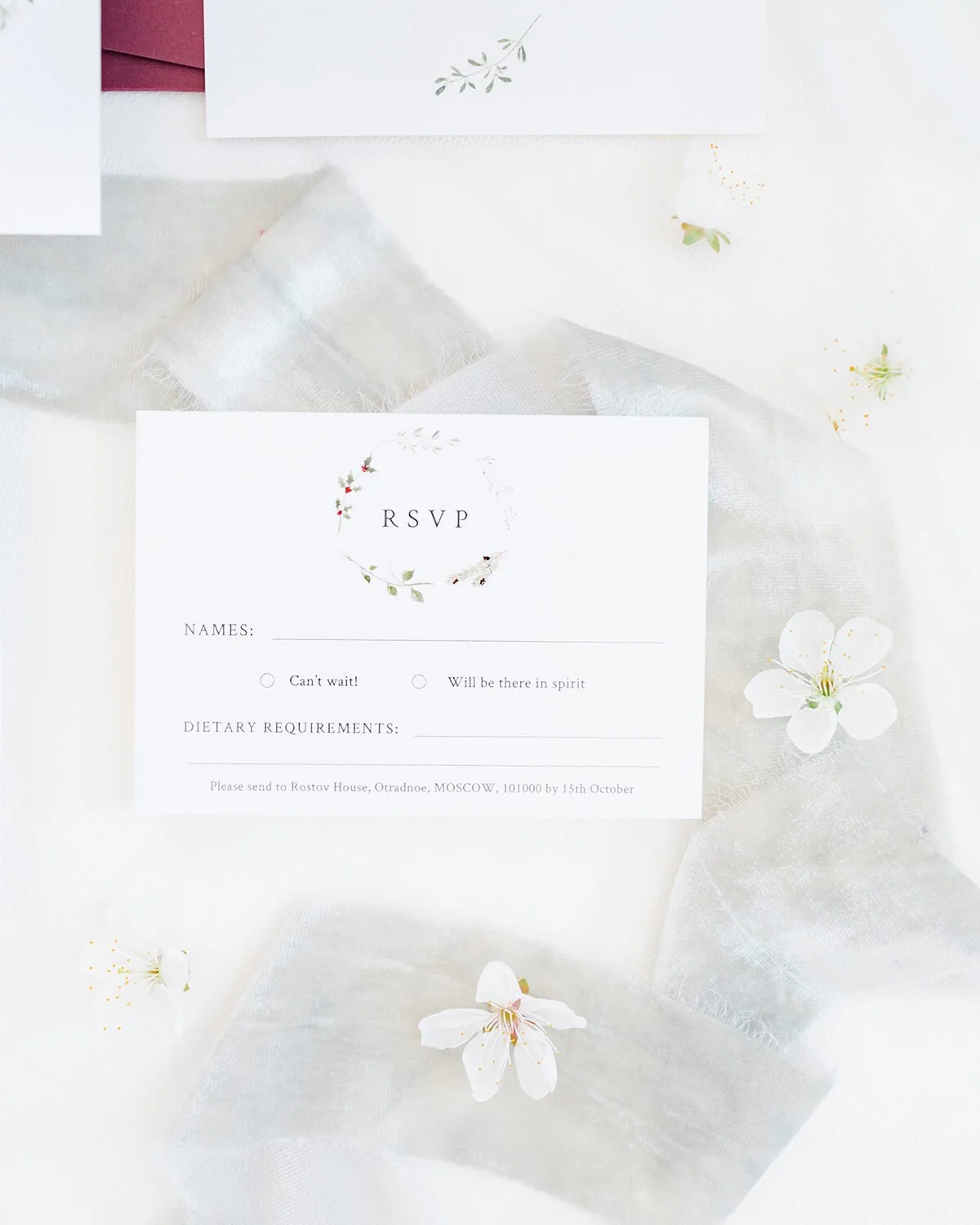 A7 RSVP card with Christmas watercolour wreath illustrations