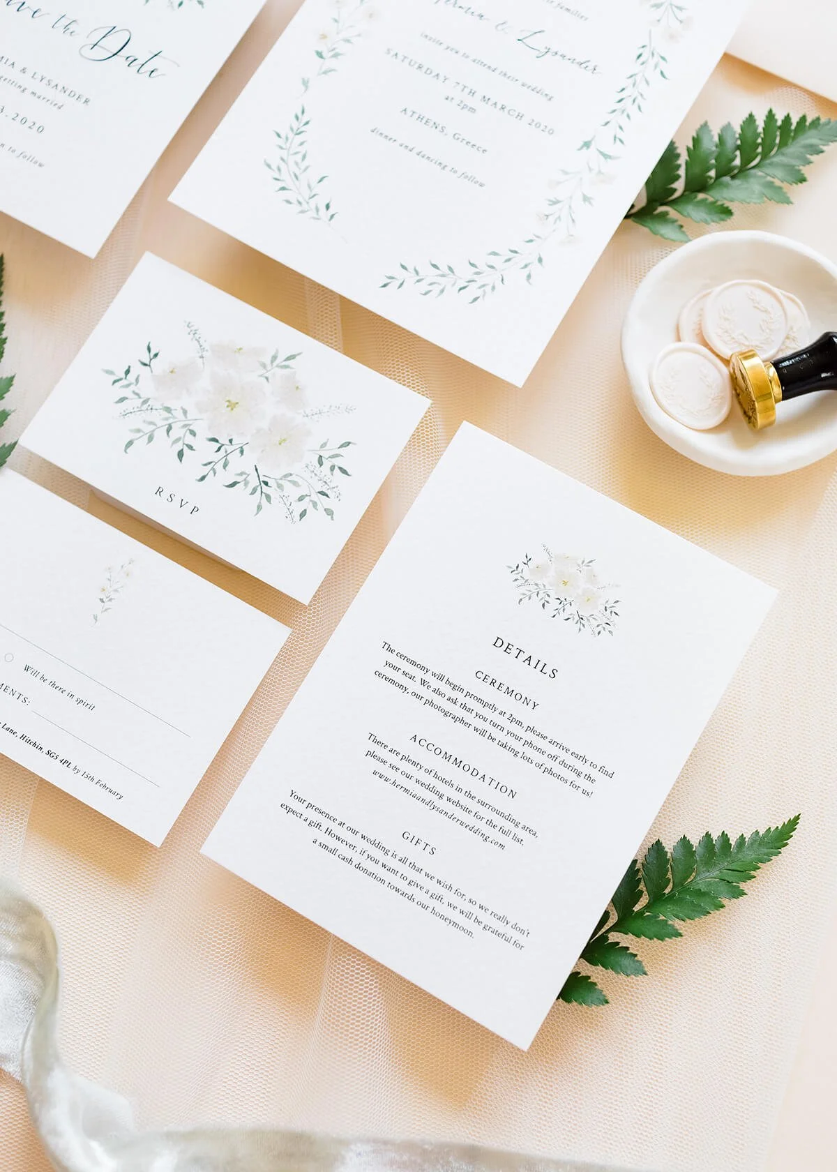 wedding stationery flat lay with A6 details card and A7 RSVP cards