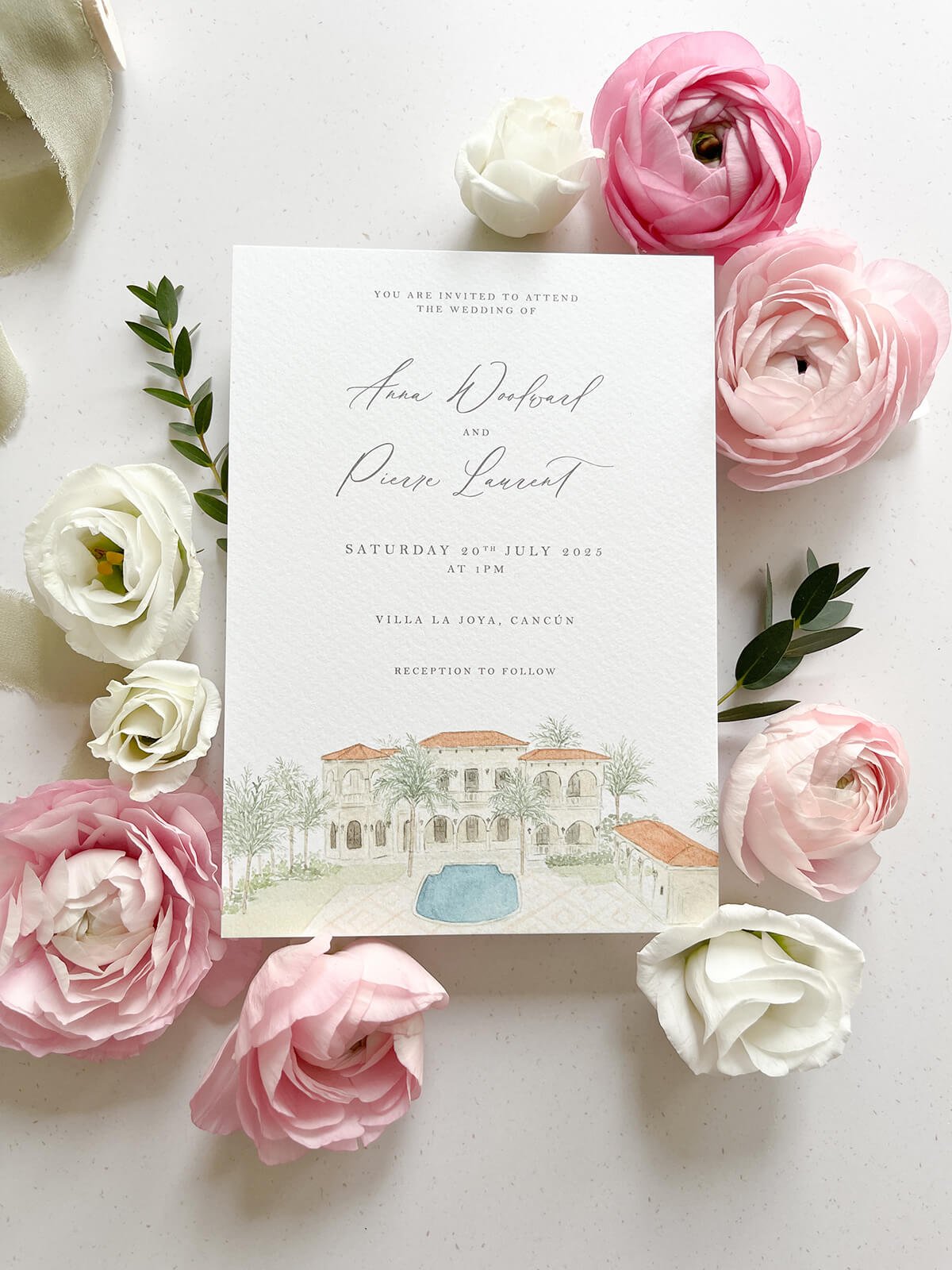 Portrait 5x7'' wedding invitation with watercolor illustration of Villa la Joya