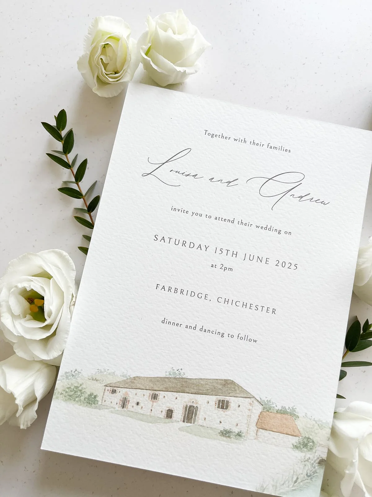5x7'' wedding invitation with watercolour illustration of Farbridge, Chichester