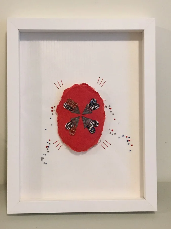 Staying Centred, washi paper and silk stitching, frame opening size is 8" x 10"