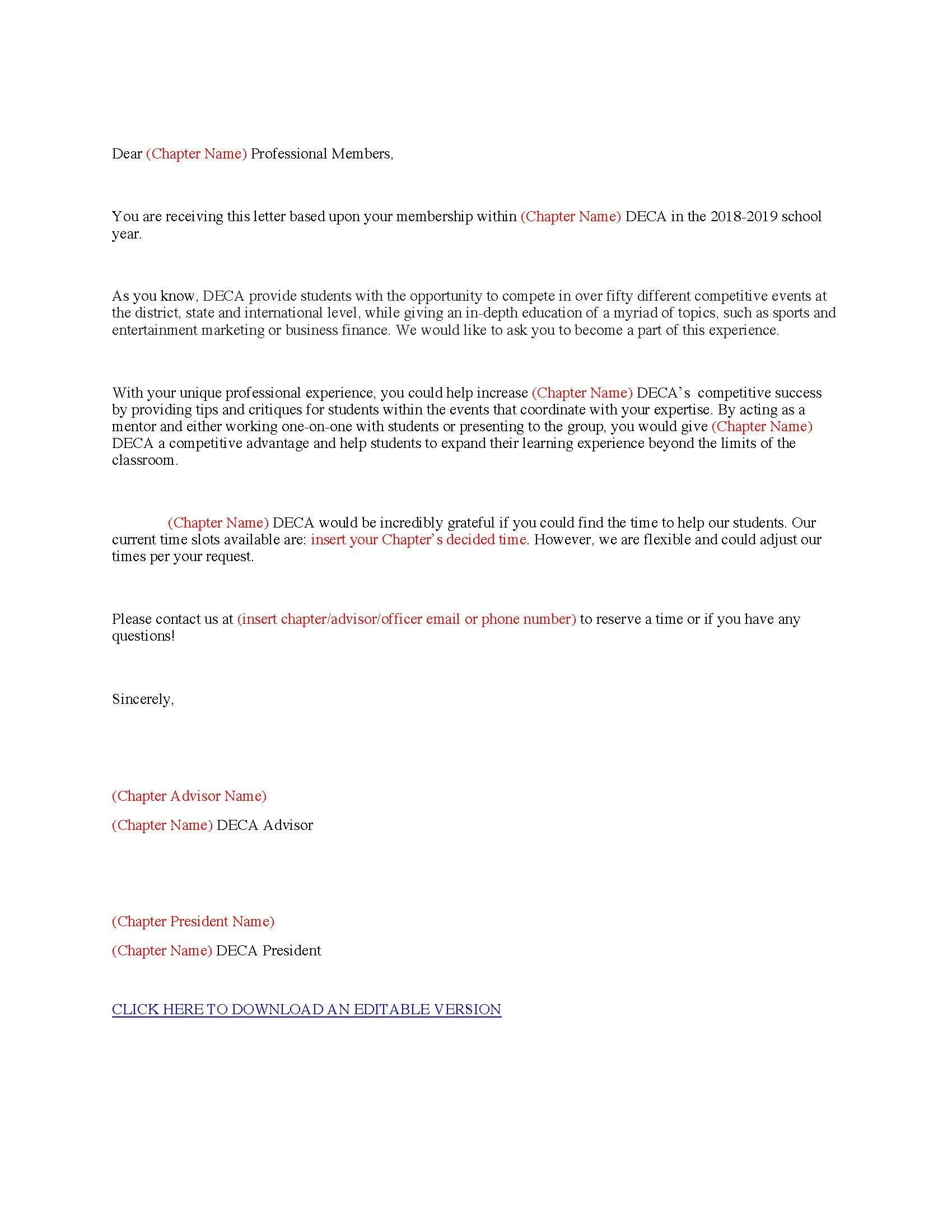 Professional & Alumni Member Outreach Letters Editable — Texas DECA