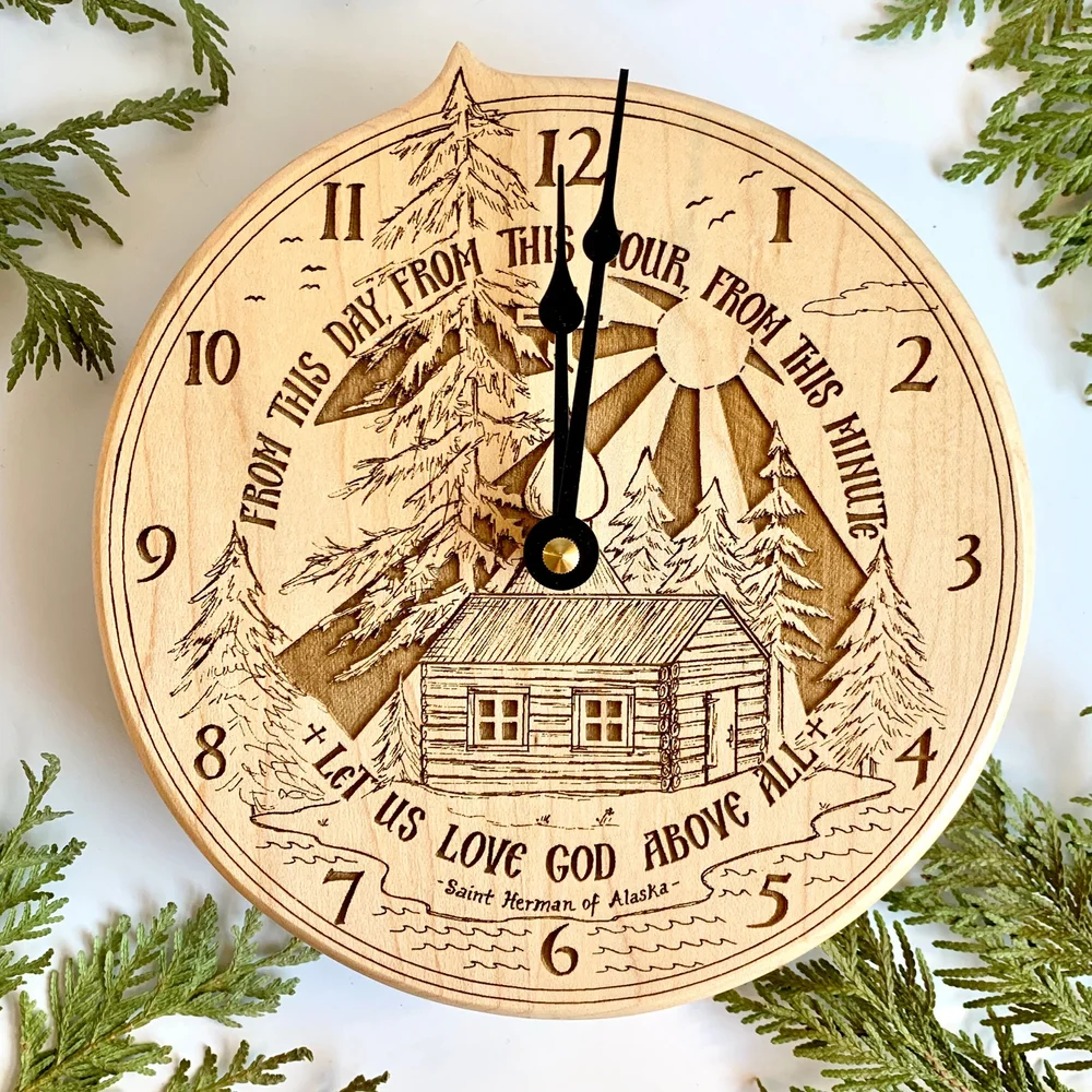 St. Herman Laser-engraved Maple Wood Clock — Draw Near Designs