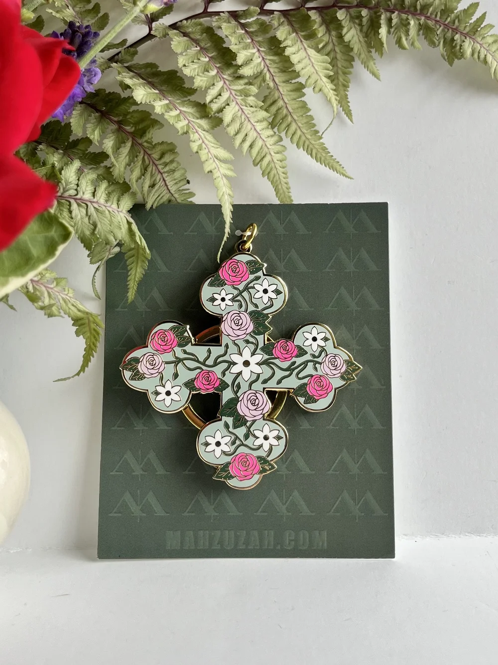 Enamel Floral Budded Cross Keychain - Mahzuzah — Draw Near Designs