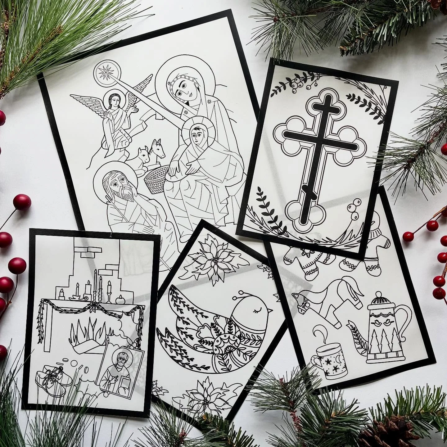 ✨NEW✨ in the Advent + Christmas Shop! These stained glass window style coloring sheets are transparent and make lovely decorations to tape on the windows. We both always loved stained glass window coloring books when we were kids (and now our kids lo